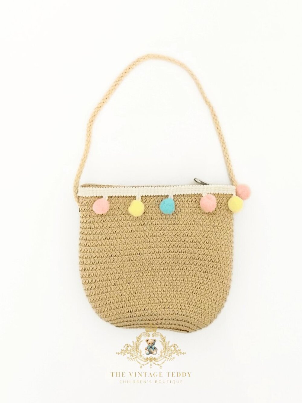 NWT Adorable Girls Straw Handbag Kids Accessories Shoulder Bohemian Pom Poms Tan - Picture 2 of 2
